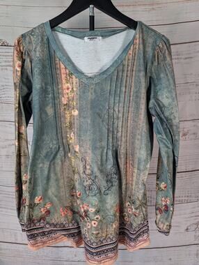 Zeagoo Pintuck Blouse Womens Medium Sage Green Tapestry Floral Bohemian Top